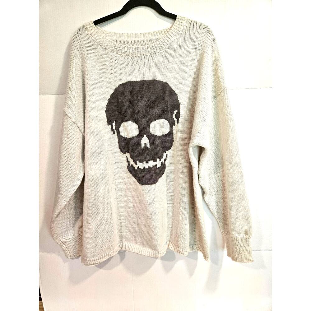 SHEIN Skull Graphic Oversized Drop Shoulder Knit Sweater - Cream / Gray - Picture 1 of 6